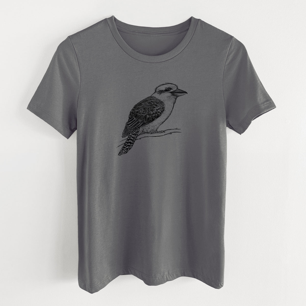 Asphalt women's relaxed fit cotton t-shirt laid flat, printed with a detailed black ink sketch of a kookaburra perched on a branch.