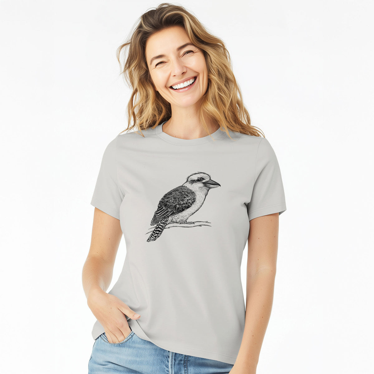 Woman wearing a lunar grey women's relaxed fit cotton t-shirt printed with a detailed black ink sketch of a kookaburra perched on a branch.