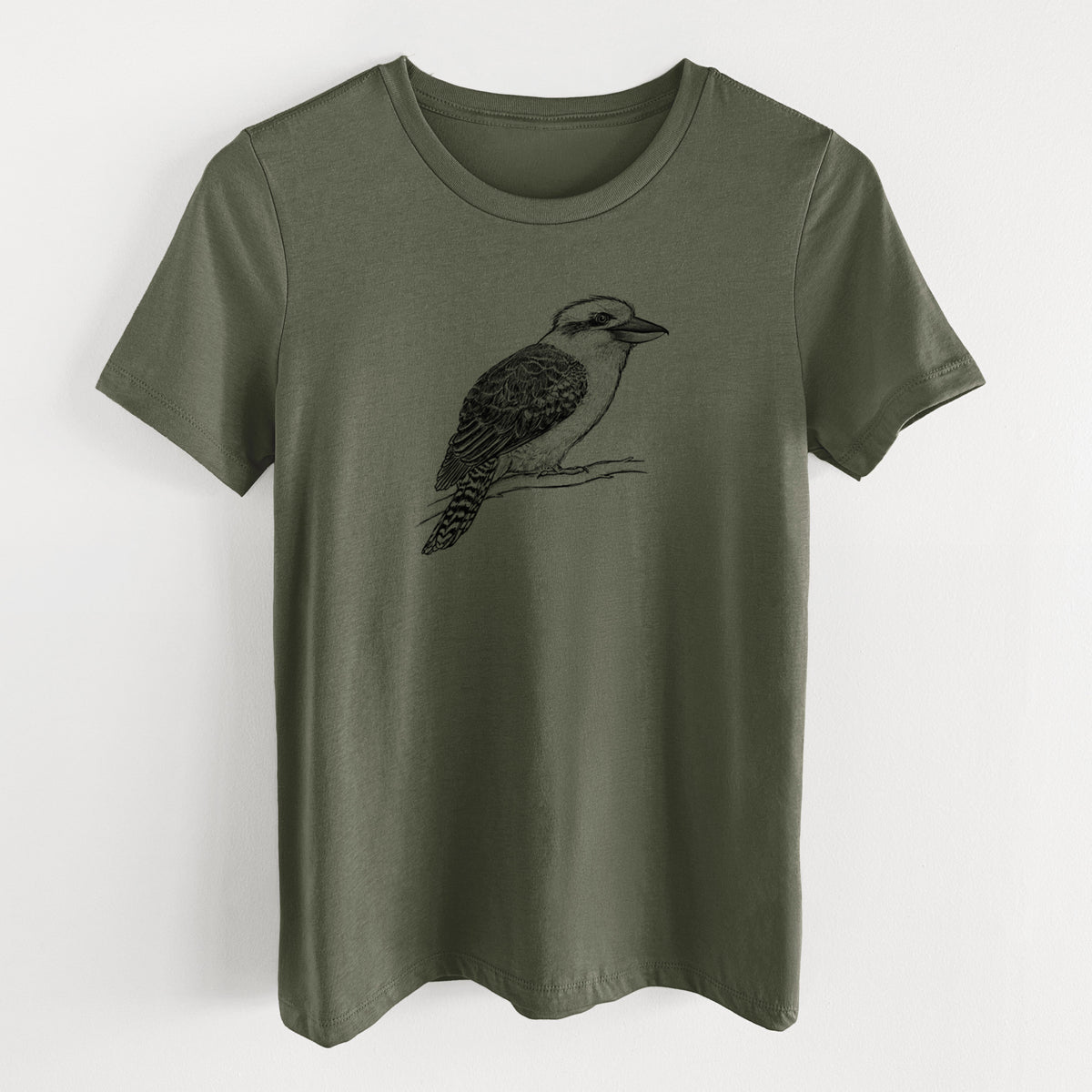 Military green women's relaxed fit cotton t-shirt laid flat, printed with a detailed black ink sketch of a kookaburra perched on a branch.
