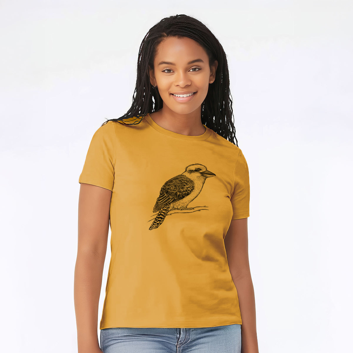 Woman wearing a mustard yellow women's relaxed fit cotton t-shirt printed with a detailed black ink sketch of a kookaburra perched on a branch.
