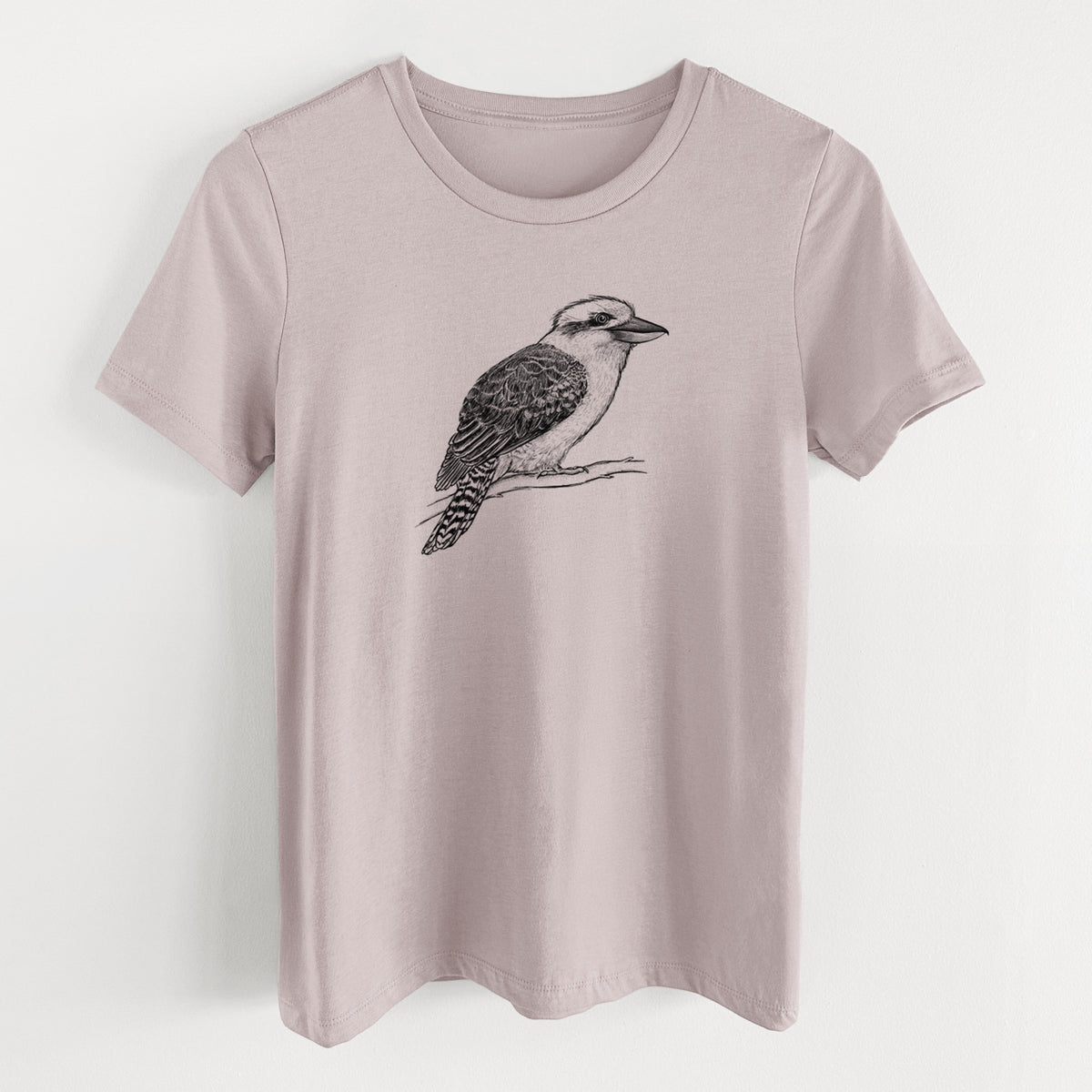 Pink gravel women's relaxed fit cotton t-shirt laid flat, printed with a detailed black ink sketch of a kookaburra perched on a branch.