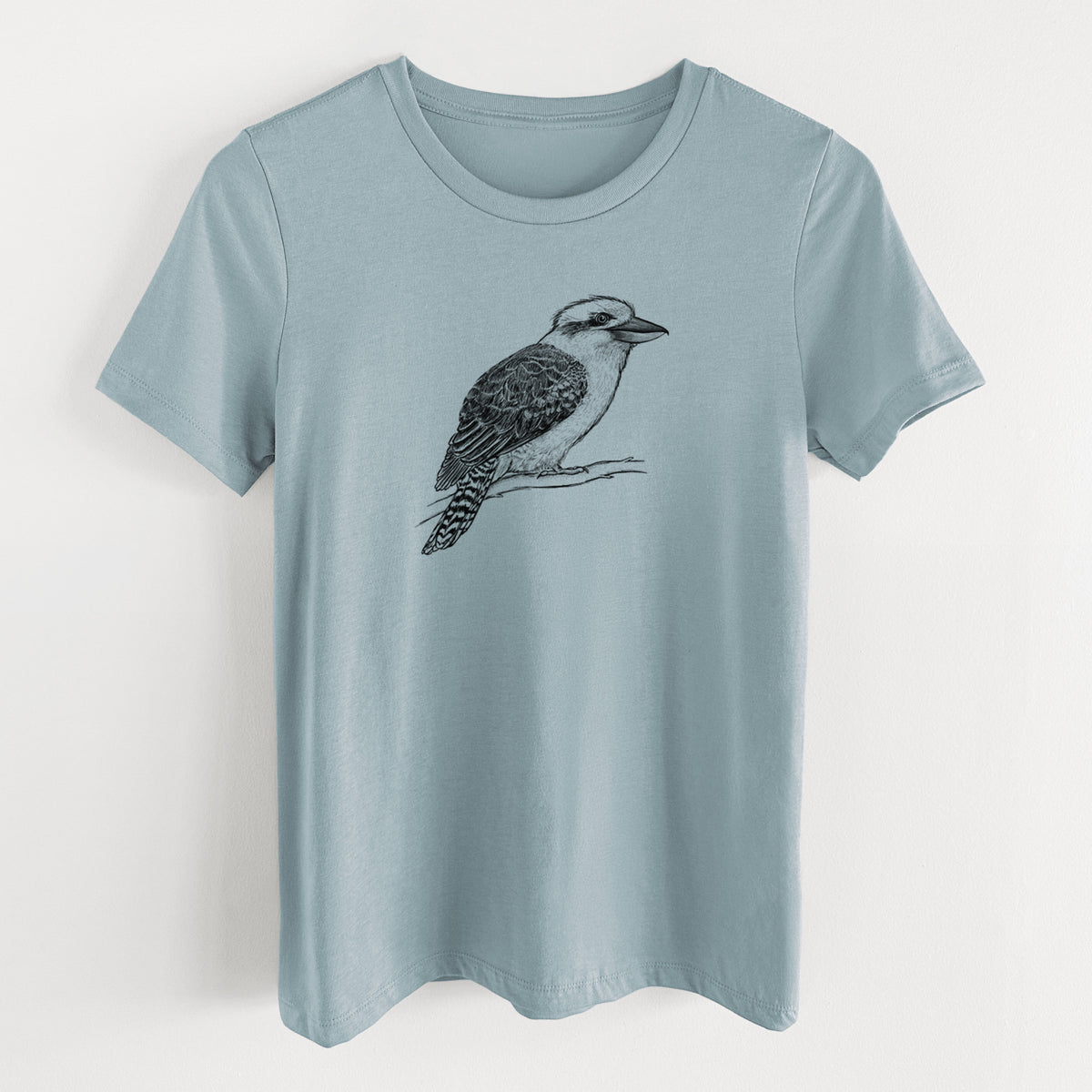 Vintage denim women's relaxed fit cotton t-shirt laid flat, printed with a detailed black ink sketch of a kookaburra perched on a branch.
