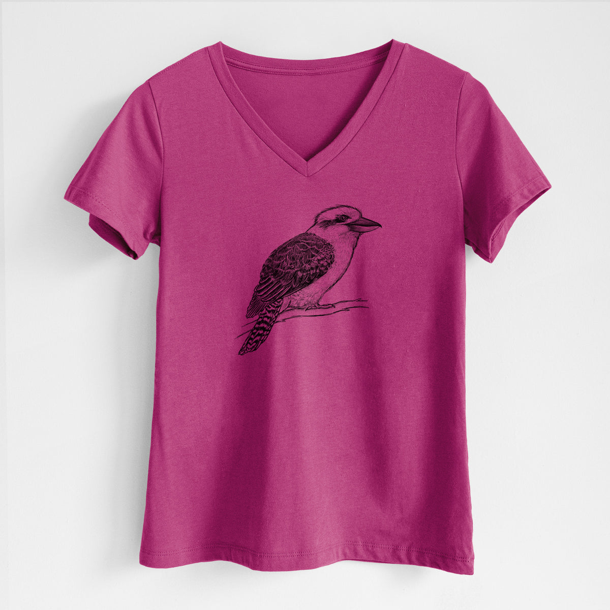 Berry pink women's relaxed fit cotton V-neck t-shirt laid flat, printed with a detailed black ink sketch of a kookaburra perched on a branch.
