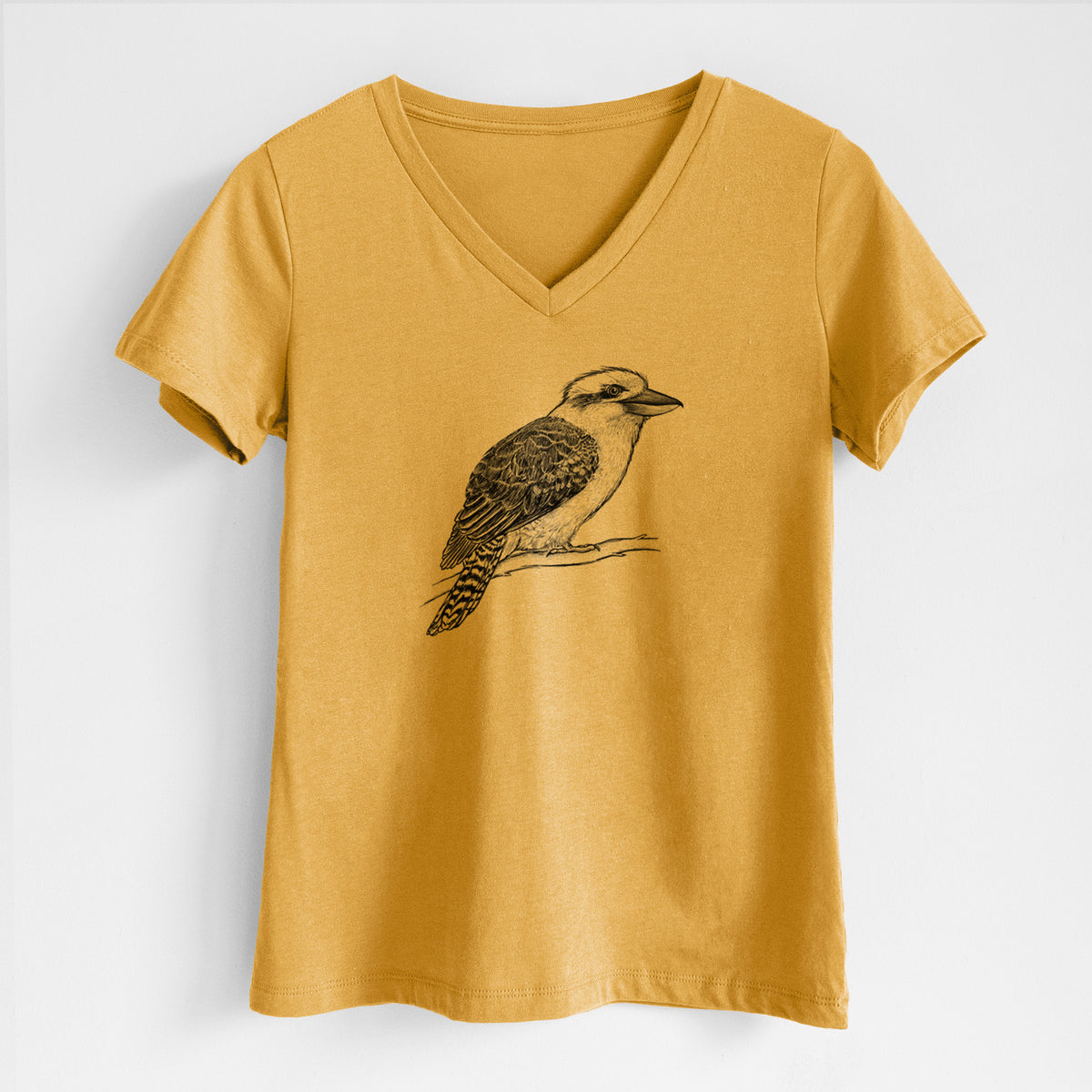 Honeycomb yellow women's relaxed fit cotton V-neck t-shirt laid flat, printed with a detailed black ink sketch of a kookaburra perched on a branch.
