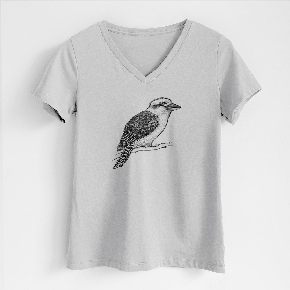 Lunar grey women's relaxed fit cotton V-neck t-shirt laid flat, printed with a detailed black ink sketch of a kookaburra perched on a branch.