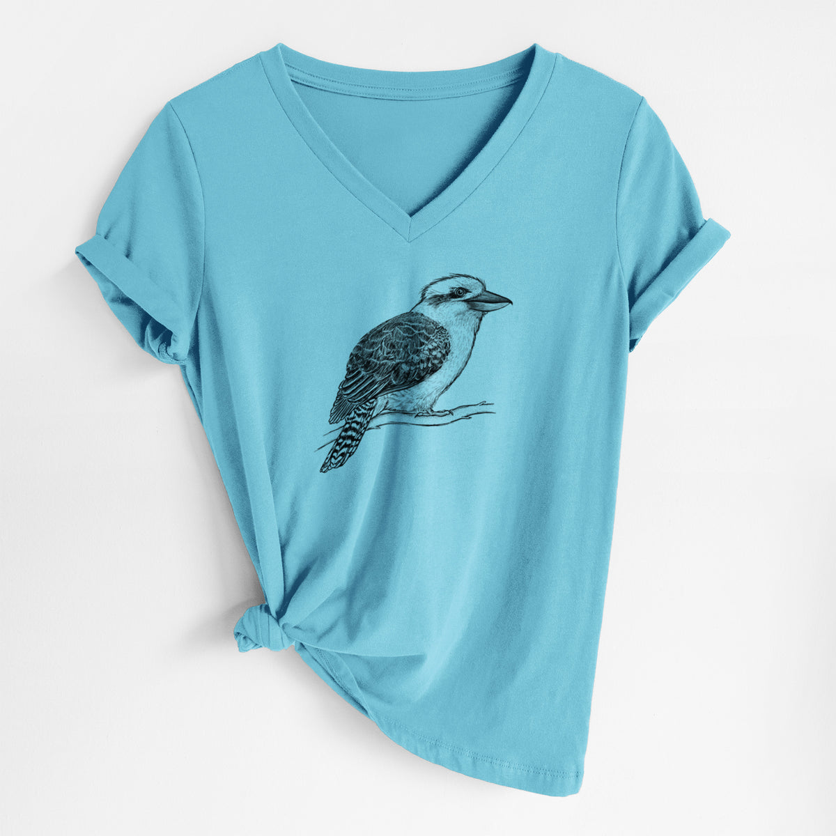 Turquoise women's relaxed fit cotton V-neck t-shirt laid flat, printed with a detailed black ink sketch of a kookaburra perched on a branch.