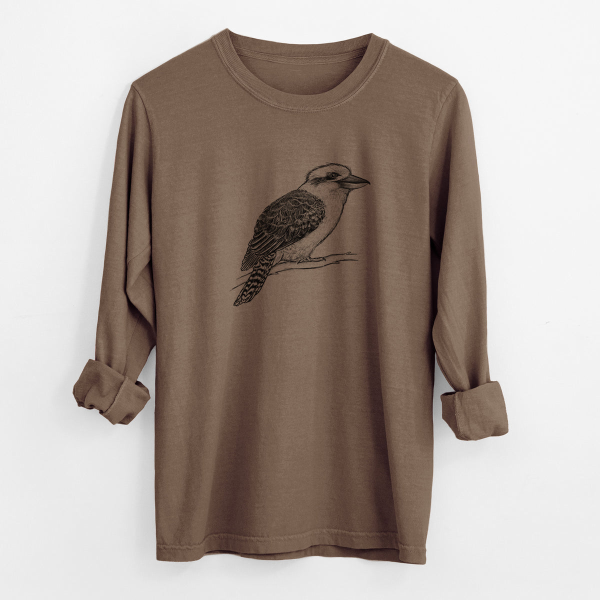 Espresso brown Comfort Colors long sleeve shirt laid flat with the cuffs rolled, printed with a detailed black ink sketch of a kookaburra perched on a branch.