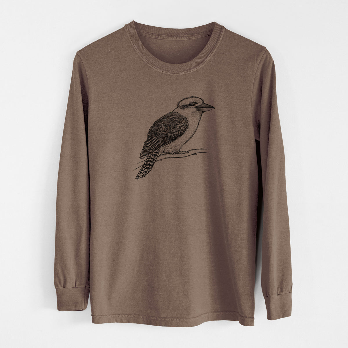 Espresso brown Comfort Colors long sleeve shirt laid flat, printed with a detailed black ink sketch of a kookaburra perched on a branch.
