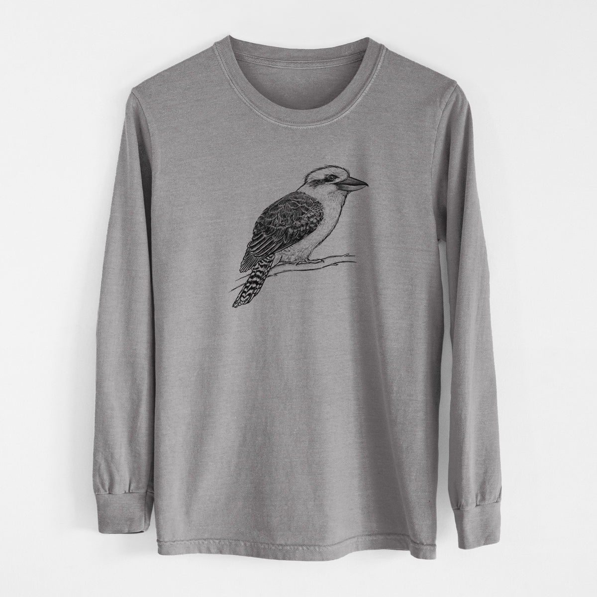 Grey Comfort Colors long sleeve shirt laid flat, printed with a detailed black ink sketch of a kookaburra perched on a branch.