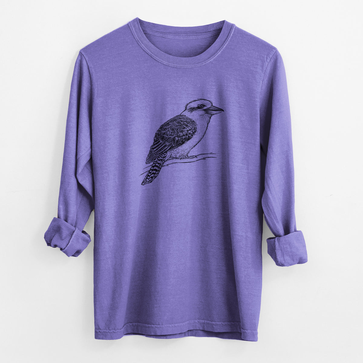 Violet purple Comfort Colors long sleeve shirt laid flat with the cuffs rolled, printed with a detailed black ink sketch of a kookaburra perched on a branch.