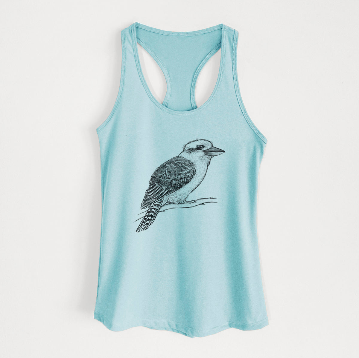 Cancun blue women's racerback tank top laid flat, printed with a detailed black ink sketch of a kookaburra perched on a branch.