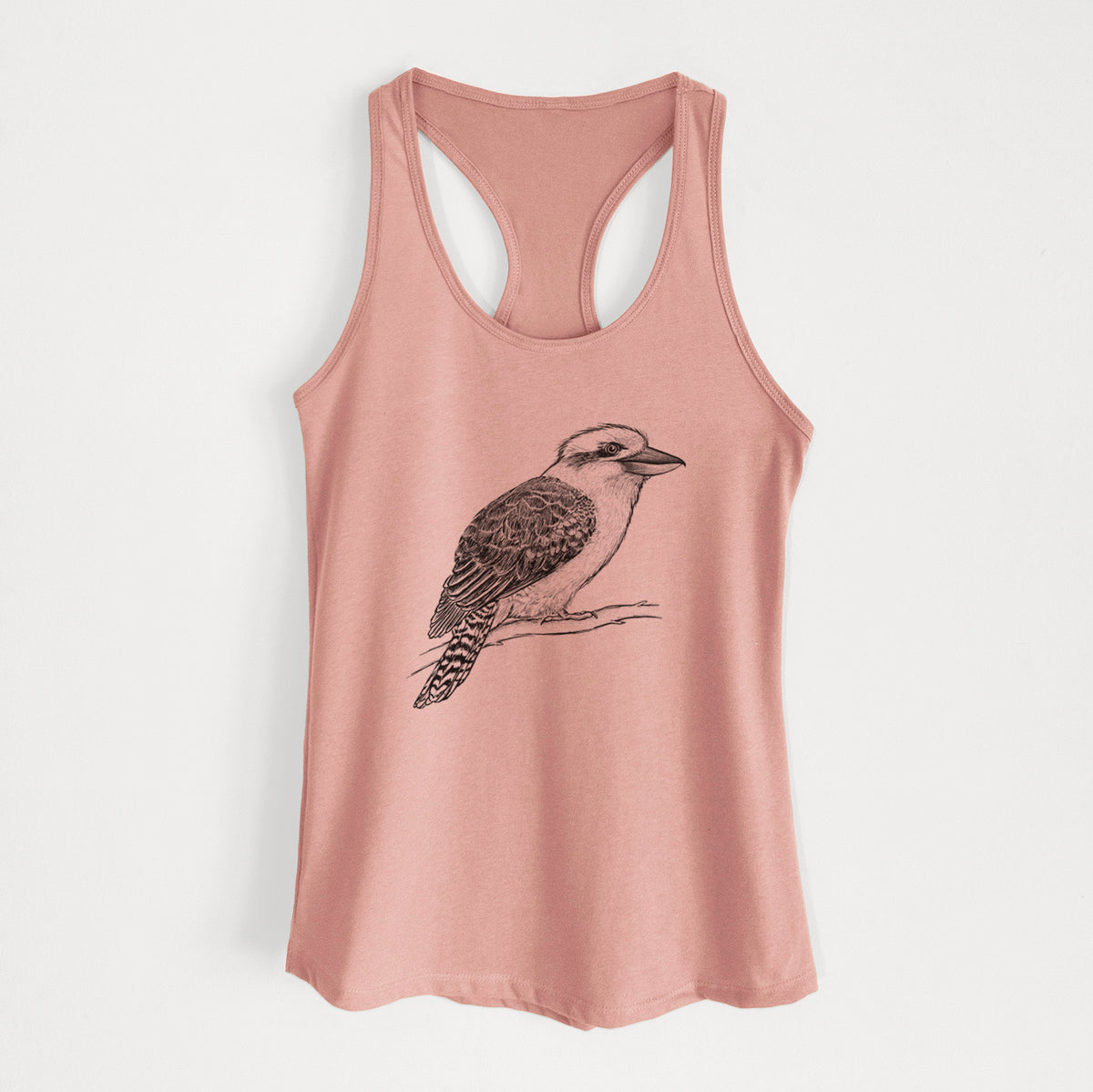 Desert pink women's racerback tank top laid flat, printed with a detailed black ink sketch of a kookaburra perched on a branch.