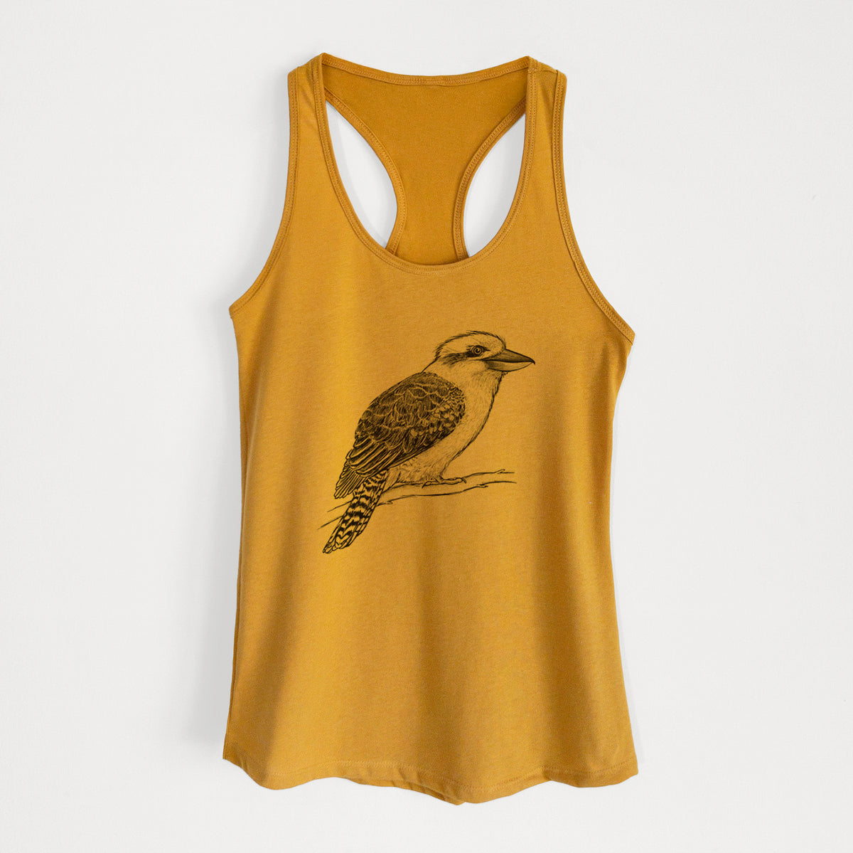 Gold women's racerback tank top laid flat, printed with a detailed black ink sketch of a kookaburra perched on a branch.