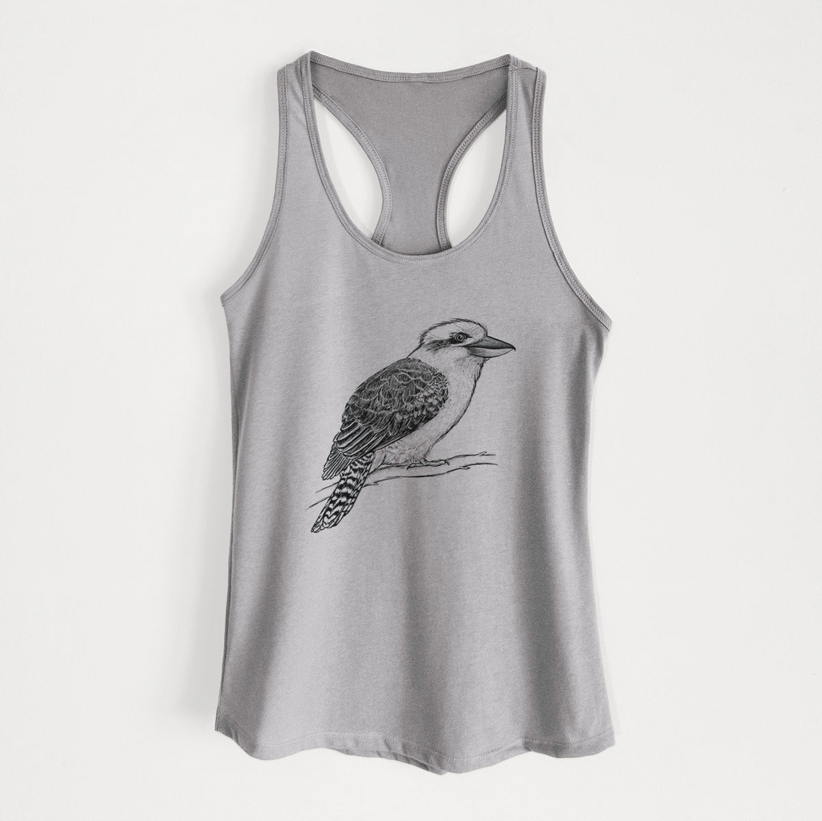 Heather grey women's racerback tank top laid flat, printed with a detailed black ink sketch of a kookaburra perched on a branch.