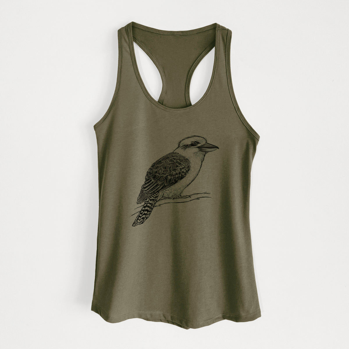 Military green women's racerback tank top laid flat, printed with a detailed black ink sketch of a kookaburra perched on a branch.