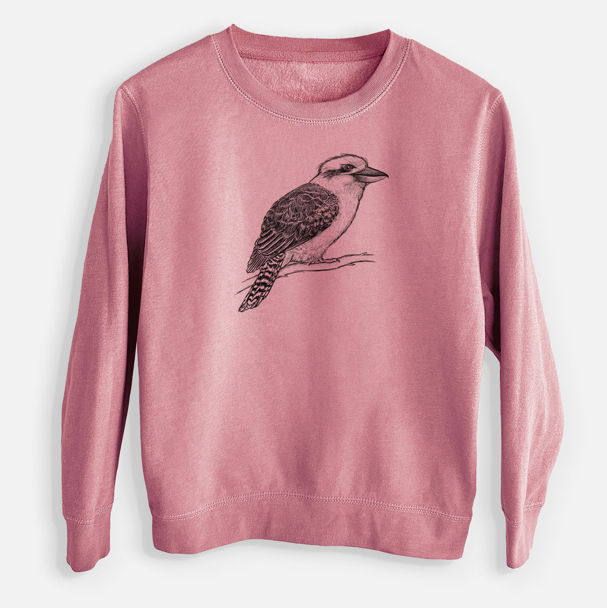 Mauve pink youth crewneck sweatshirt laid flat, printed with a detailed black ink sketch of a kookaburra perched on a branch.