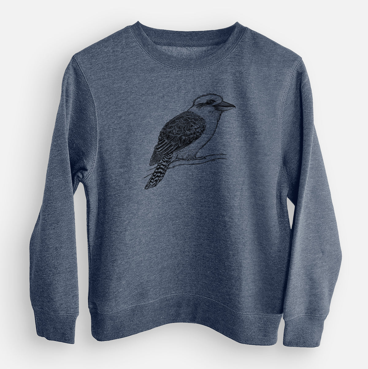 Storm blue youth crewneck sweatshirt laid flat, printed with a detailed black ink sketch of a kookaburra perched on a branch.