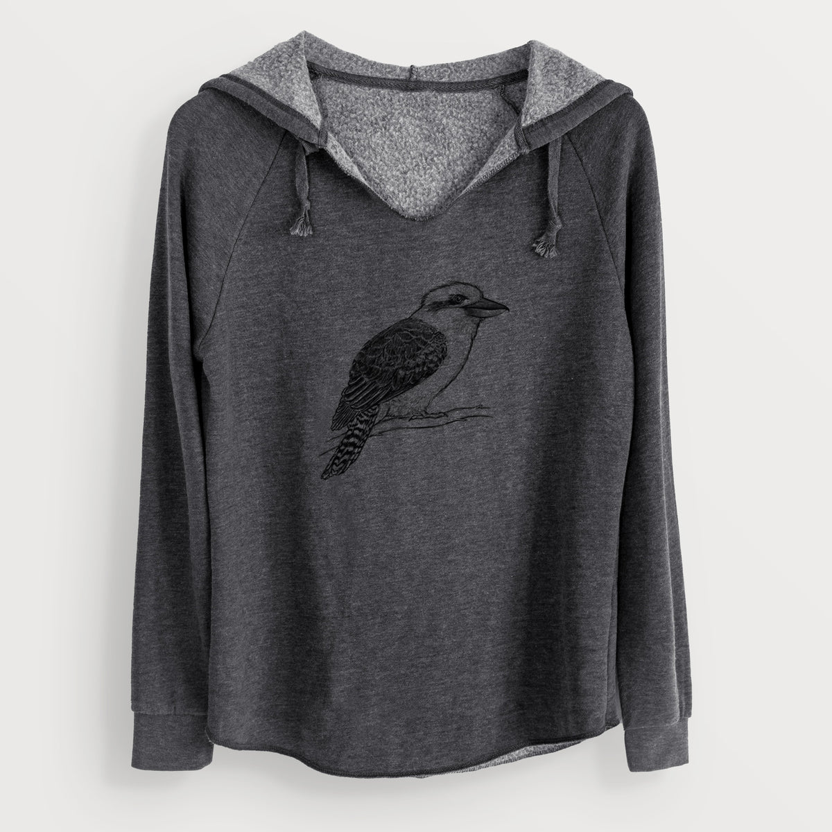 Charcoal grey women's Cali Wave hooded sweatshirt laid flat, printed with a detailed black ink sketch of a kookaburra perched on a branch.