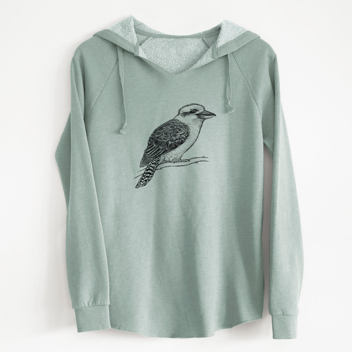 Sage green women's Cali Wave hooded sweatshirt laid flat, printed with a detailed black ink sketch of a kookaburra perched on a branch.