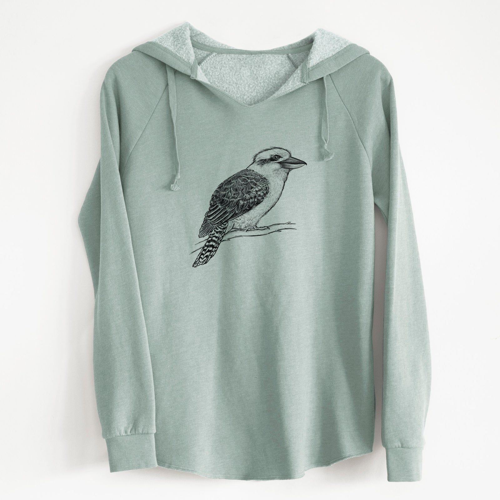Sage green women's Cali Wave hooded sweatshirt laid flat, printed with a detailed black ink sketch of a kookaburra perched on a branch.