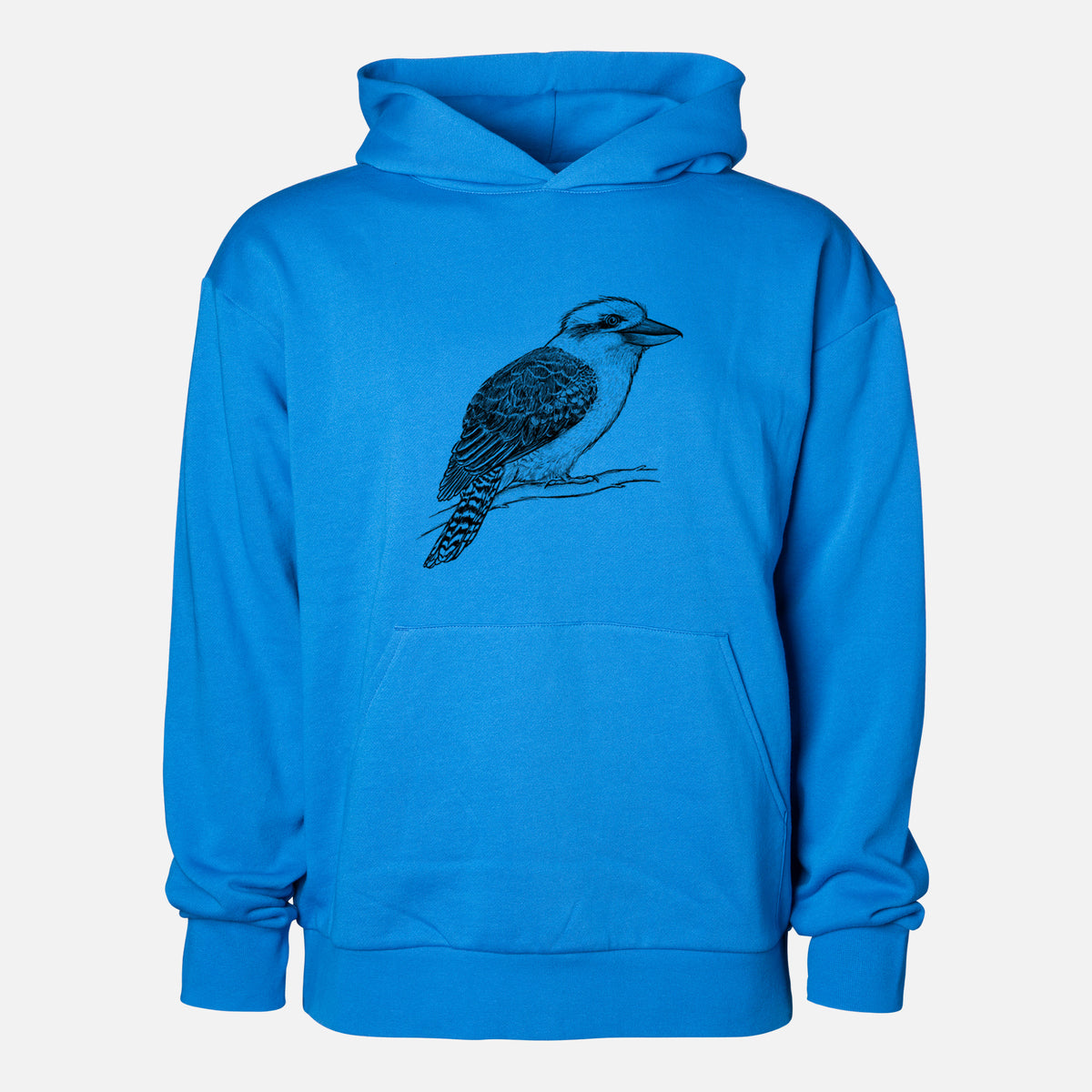 Kookaburra - Dacelo novaeguineae - Statement Midweight Hoodie in Azure Blue, shown from the front with the design printed on the chest above a front kangaroo pocket.