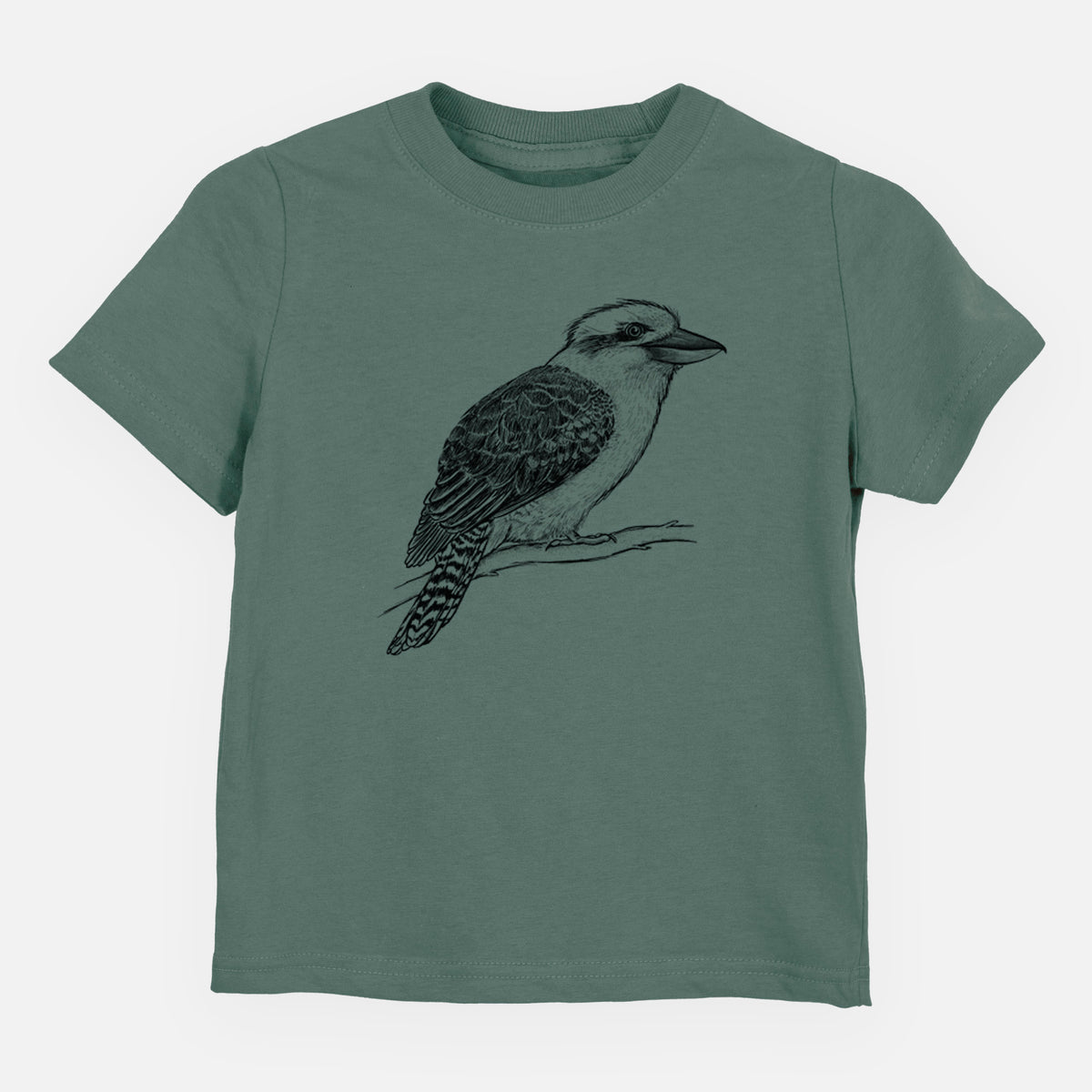 Basil green toddler t-shirt laid flat, printed with a detailed black ink sketch of a kookaburra perched on a branch.