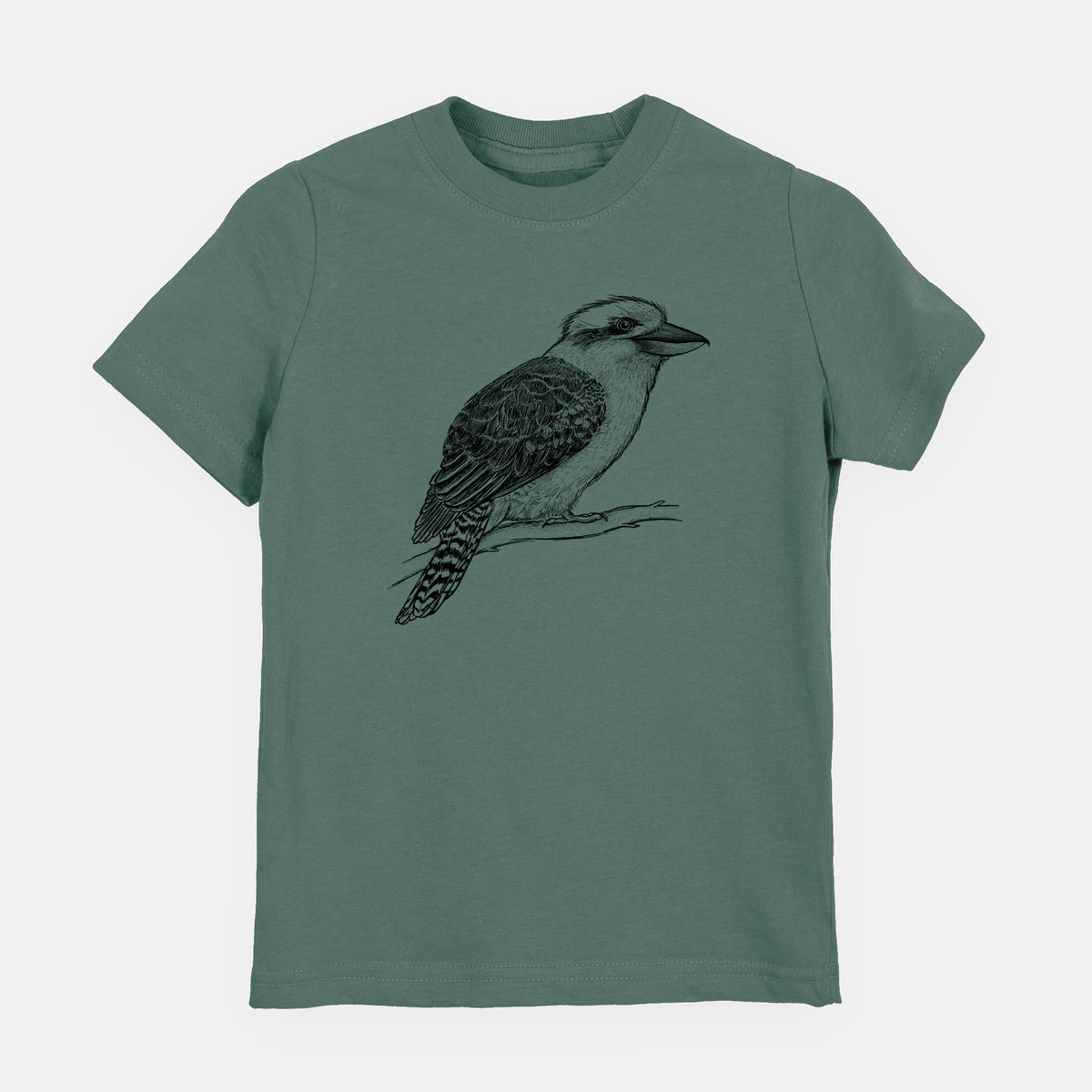 Basil green youth t-shirt laid flat, printed with a detailed black ink sketch of a kookaburra perched on a branch.