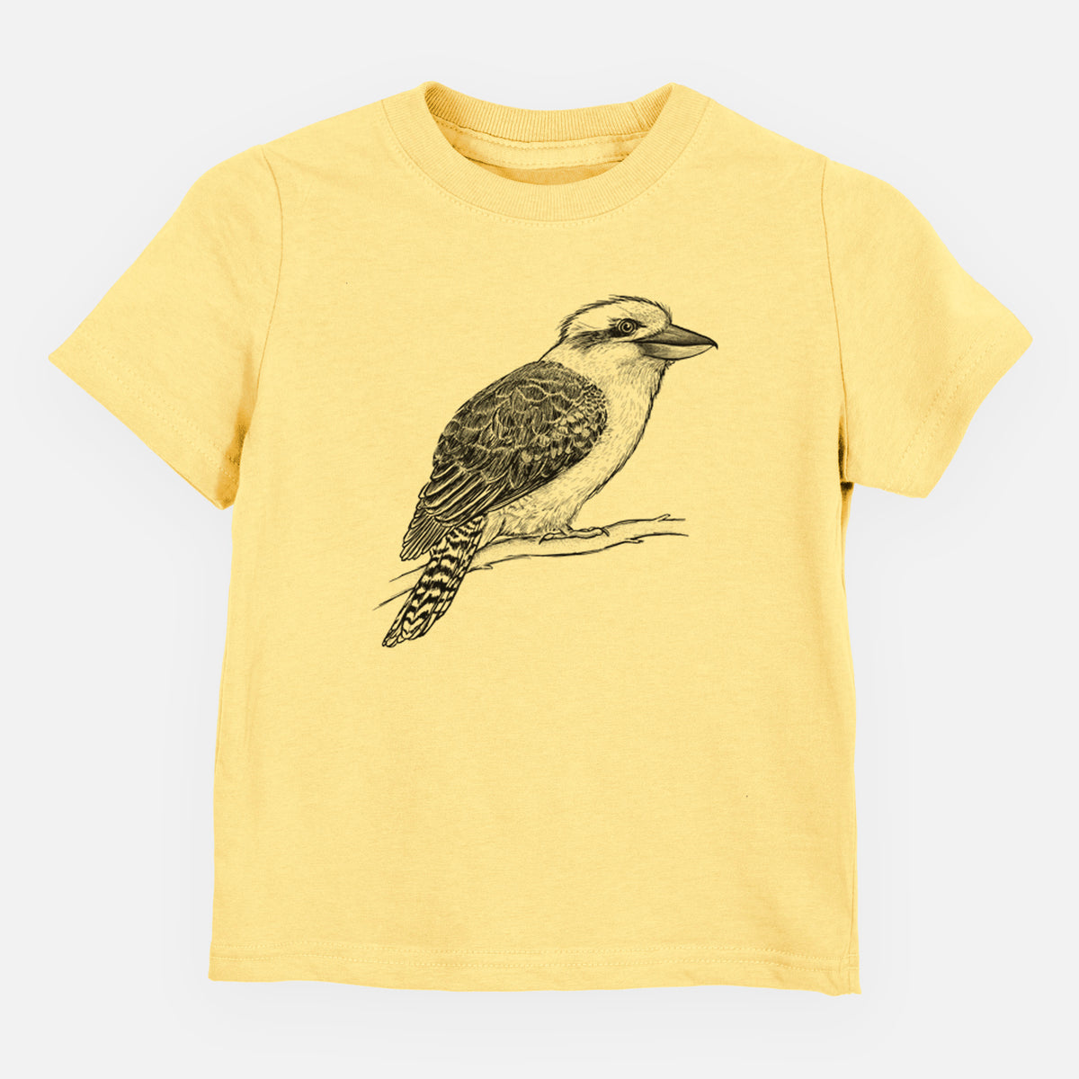 Butter yellow toddler t-shirt laid flat, printed with a detailed black ink sketch of a kookaburra perched on a branch.