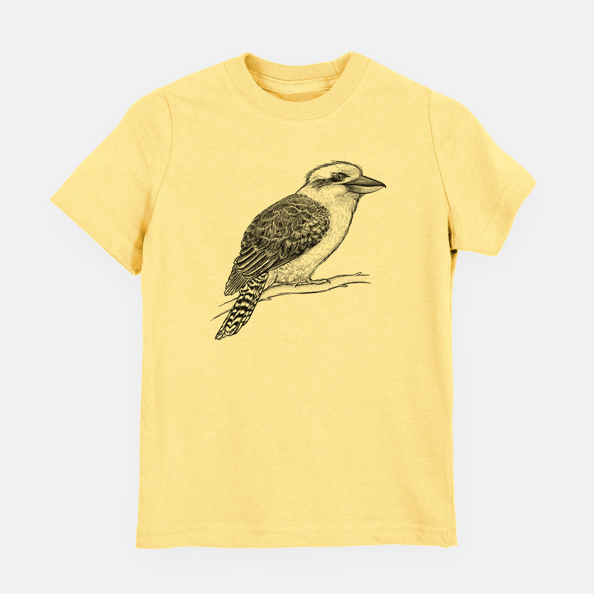 Butter yellow youth t-shirt laid flat, printed with a detailed black ink sketch of a kookaburra perched on a branch.
