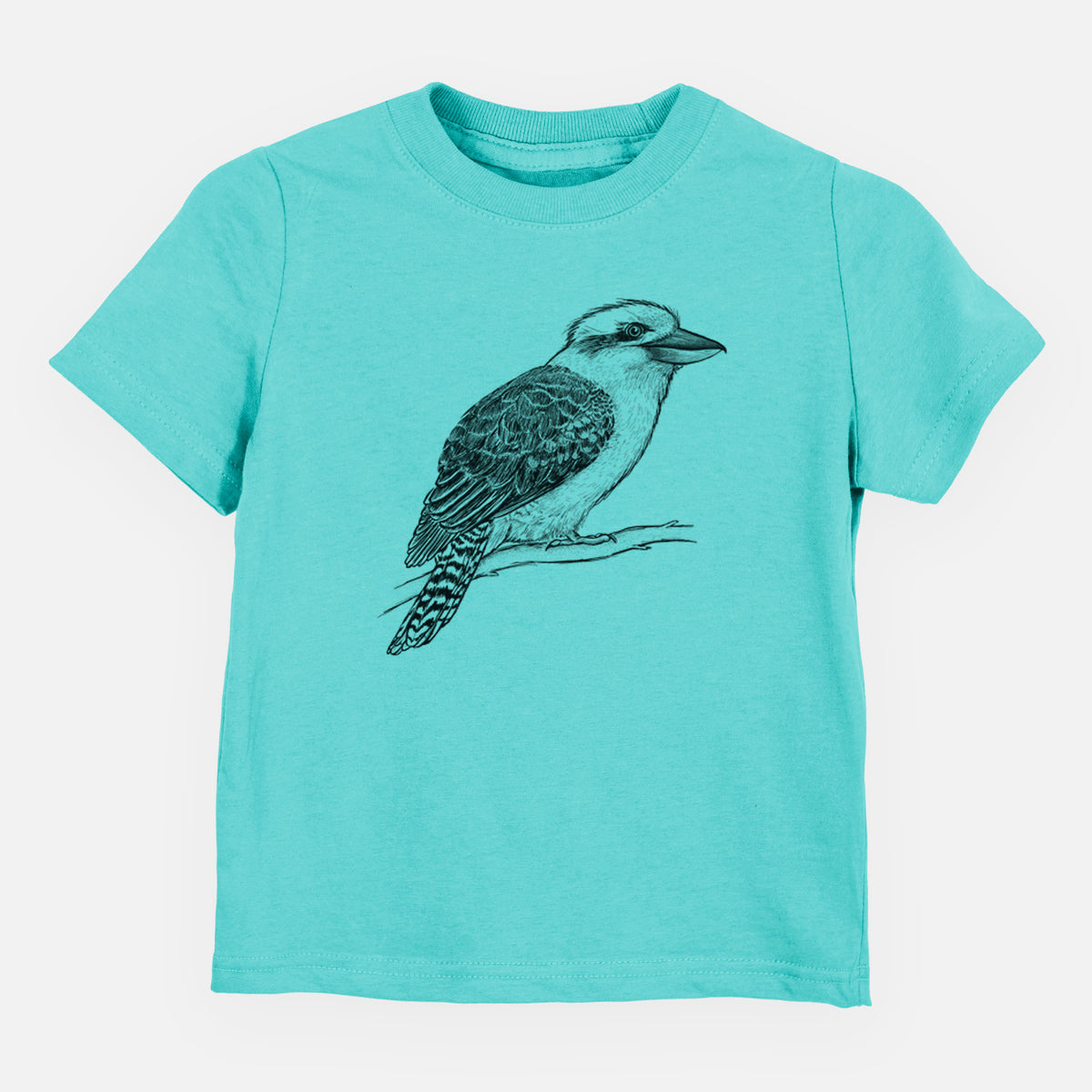 Caribbean blue toddler t-shirt laid flat, printed with a detailed black ink sketch of a kookaburra perched on a branch.