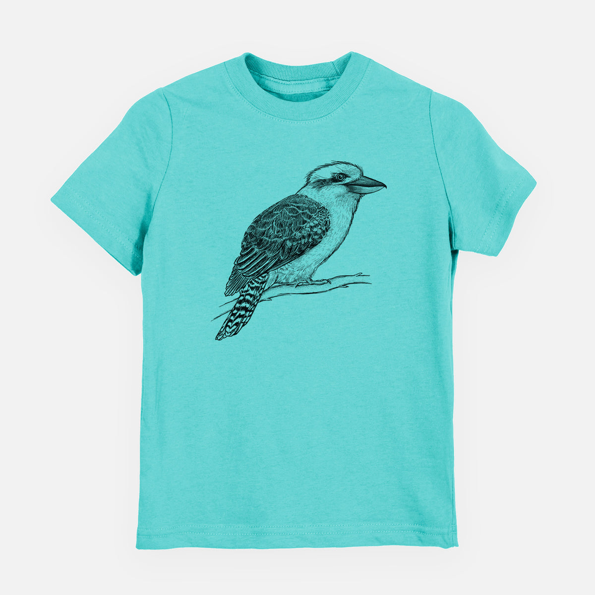 Caribbean blue youth t-shirt laid flat, printed with a detailed black ink sketch of a kookaburra perched on a branch.