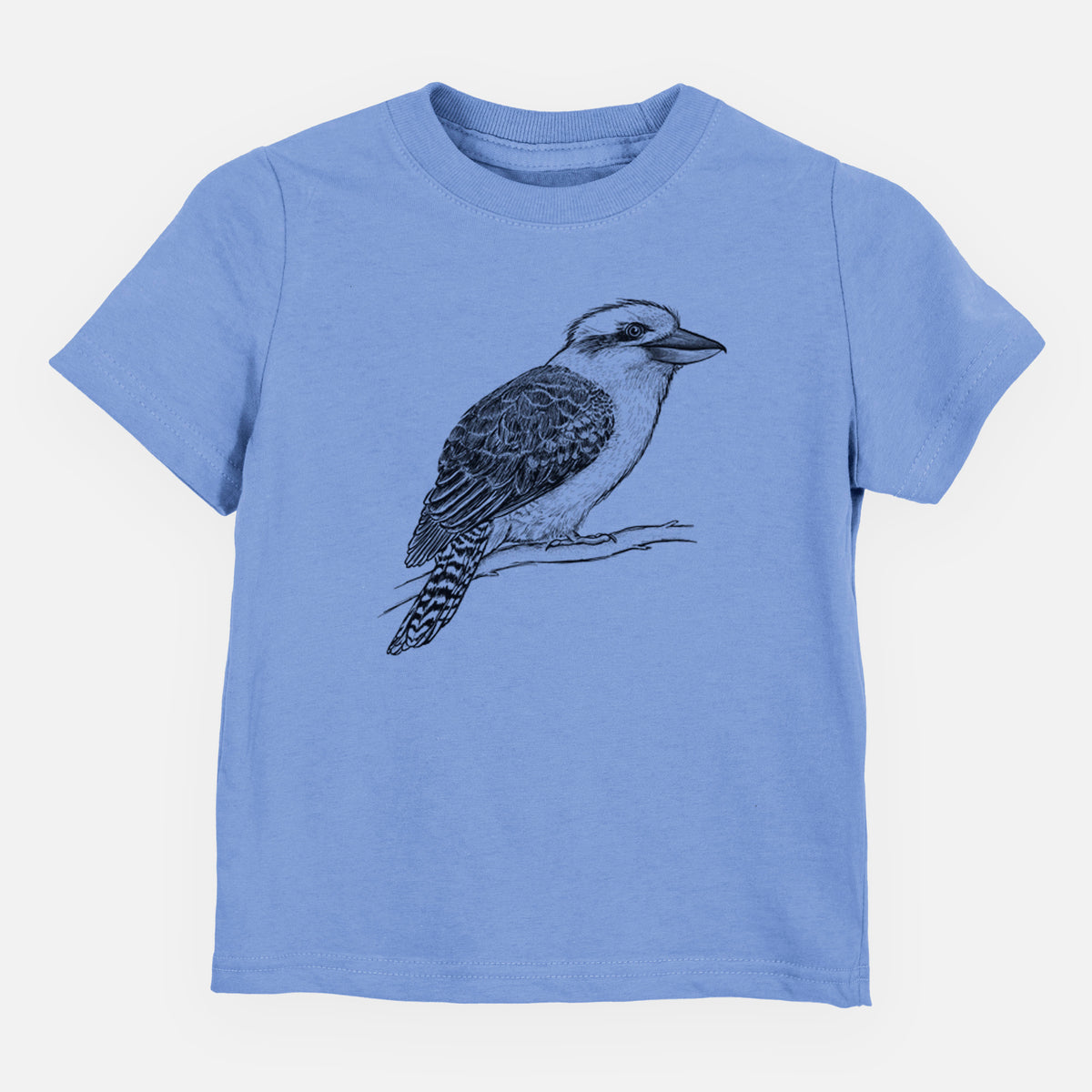 Carolina blue toddler t-shirt laid flat, printed with a detailed black ink sketch of a kookaburra perched on a branch.