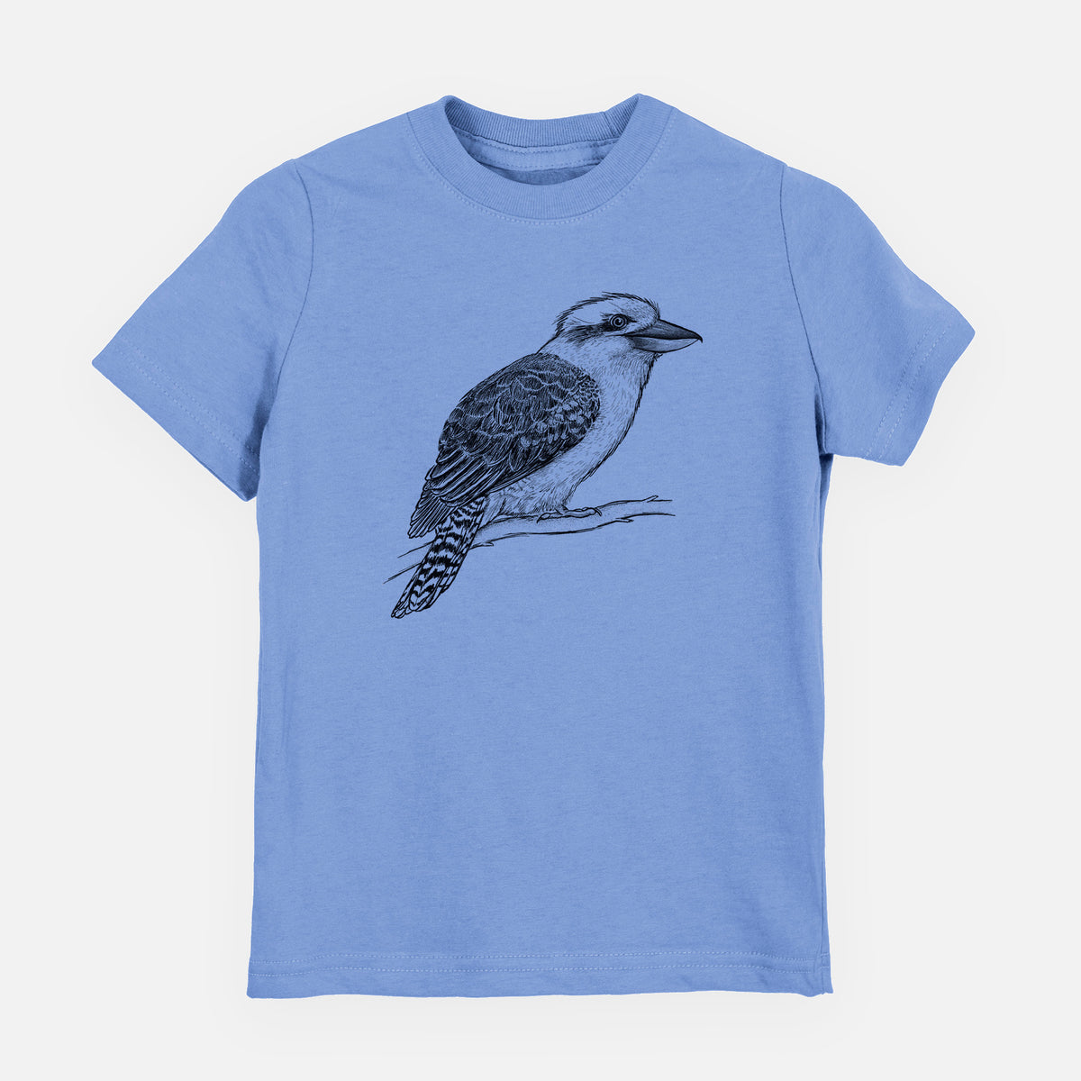 Carolina blue youth t-shirt laid flat, printed with a detailed black ink sketch of a kookaburra perched on a branch.