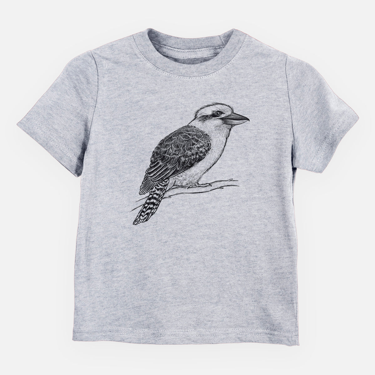 Heather grey toddler t-shirt laid flat, printed with a detailed black ink sketch of a kookaburra perched on a branch.