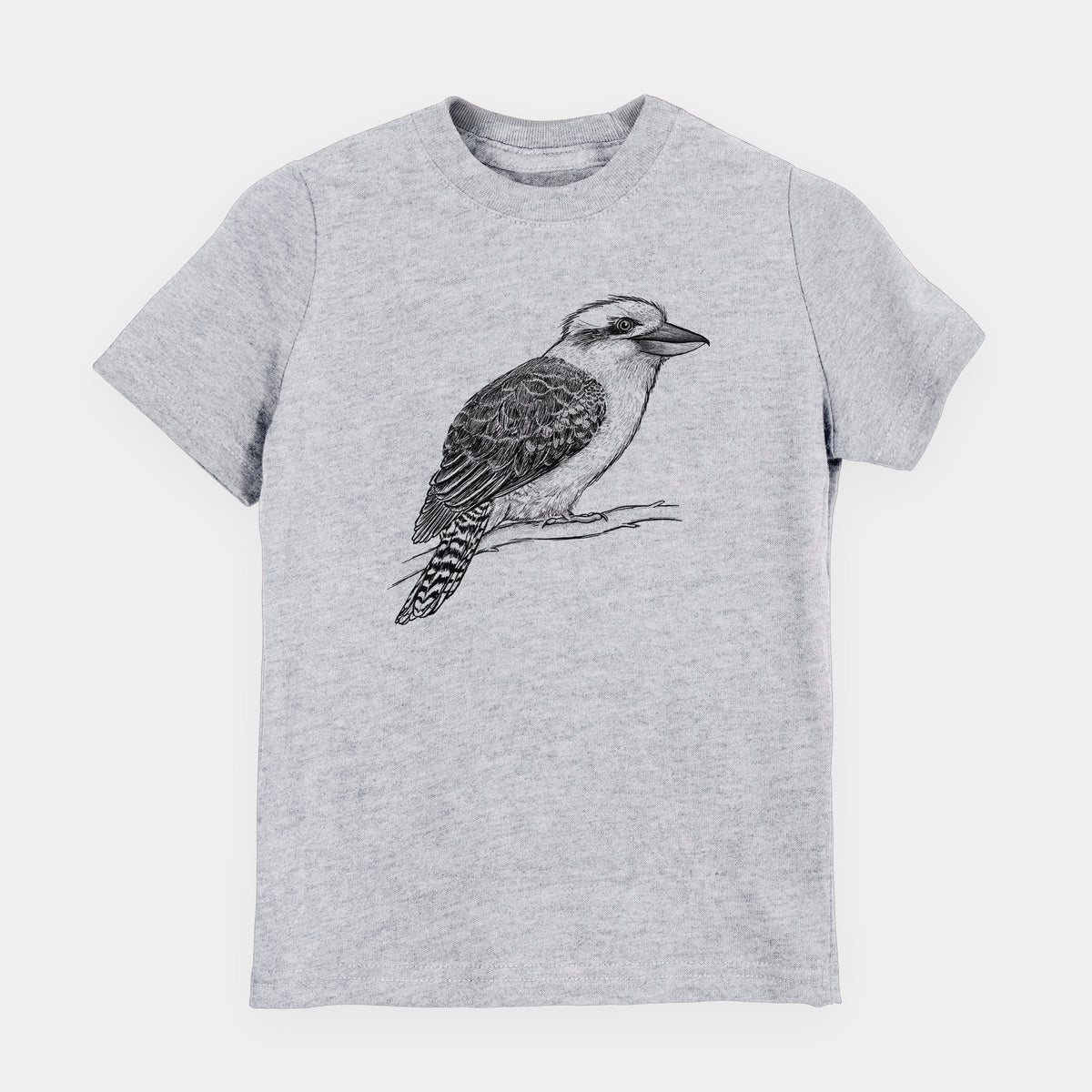 Heather grey youth t-shirt laid flat, printed with a detailed black ink sketch of a kookaburra perched on a branch.