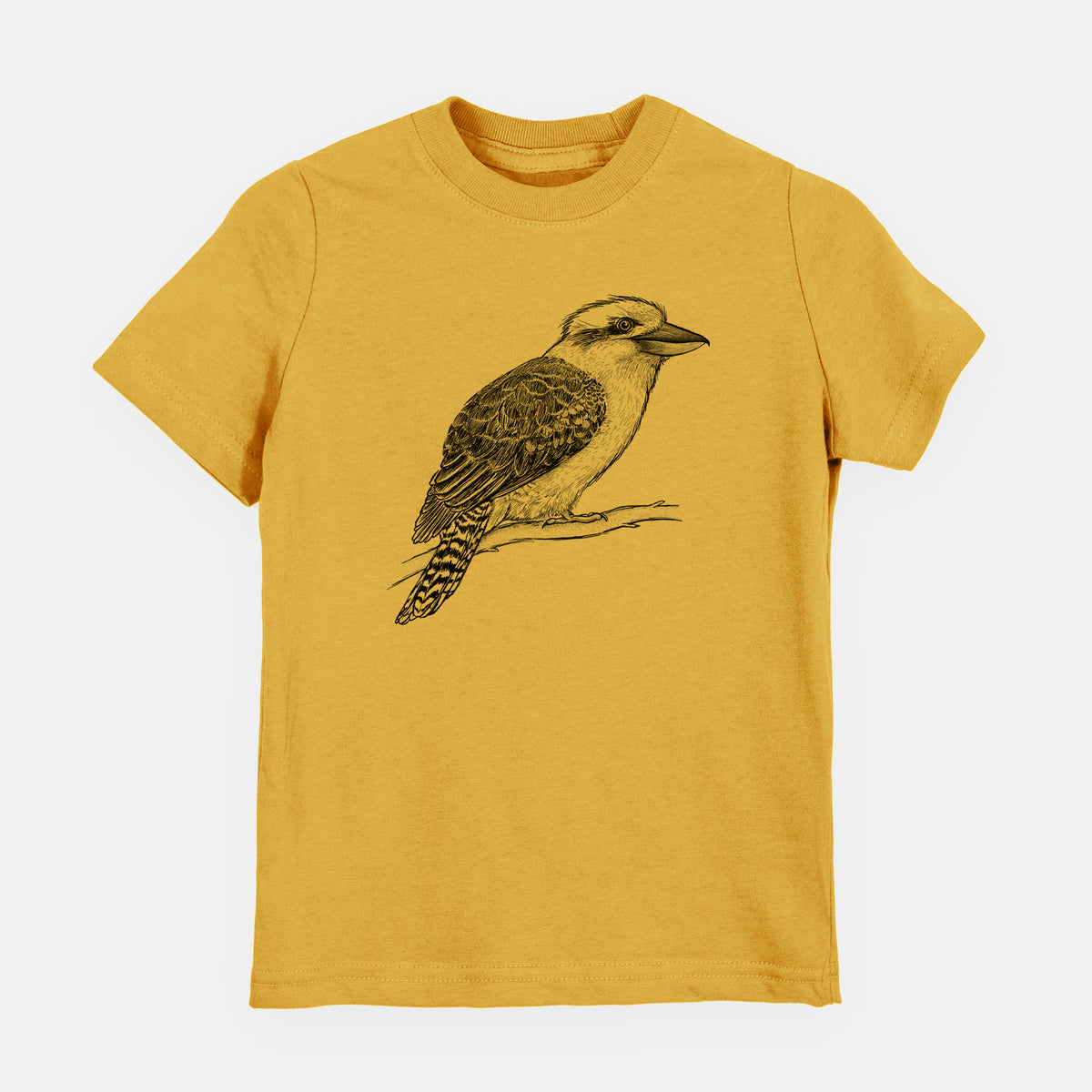 Honeycomb yellow youth t-shirt laid flat, printed with a detailed black ink sketch of a kookaburra perched on a branch.