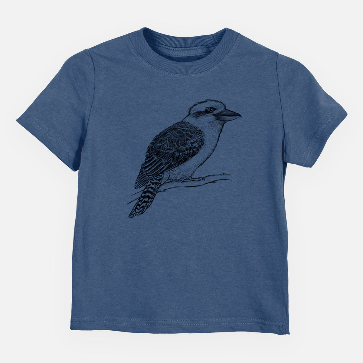 Indigo blue toddler t-shirt laid flat, printed with a detailed black ink sketch of a kookaburra perched on a branch.