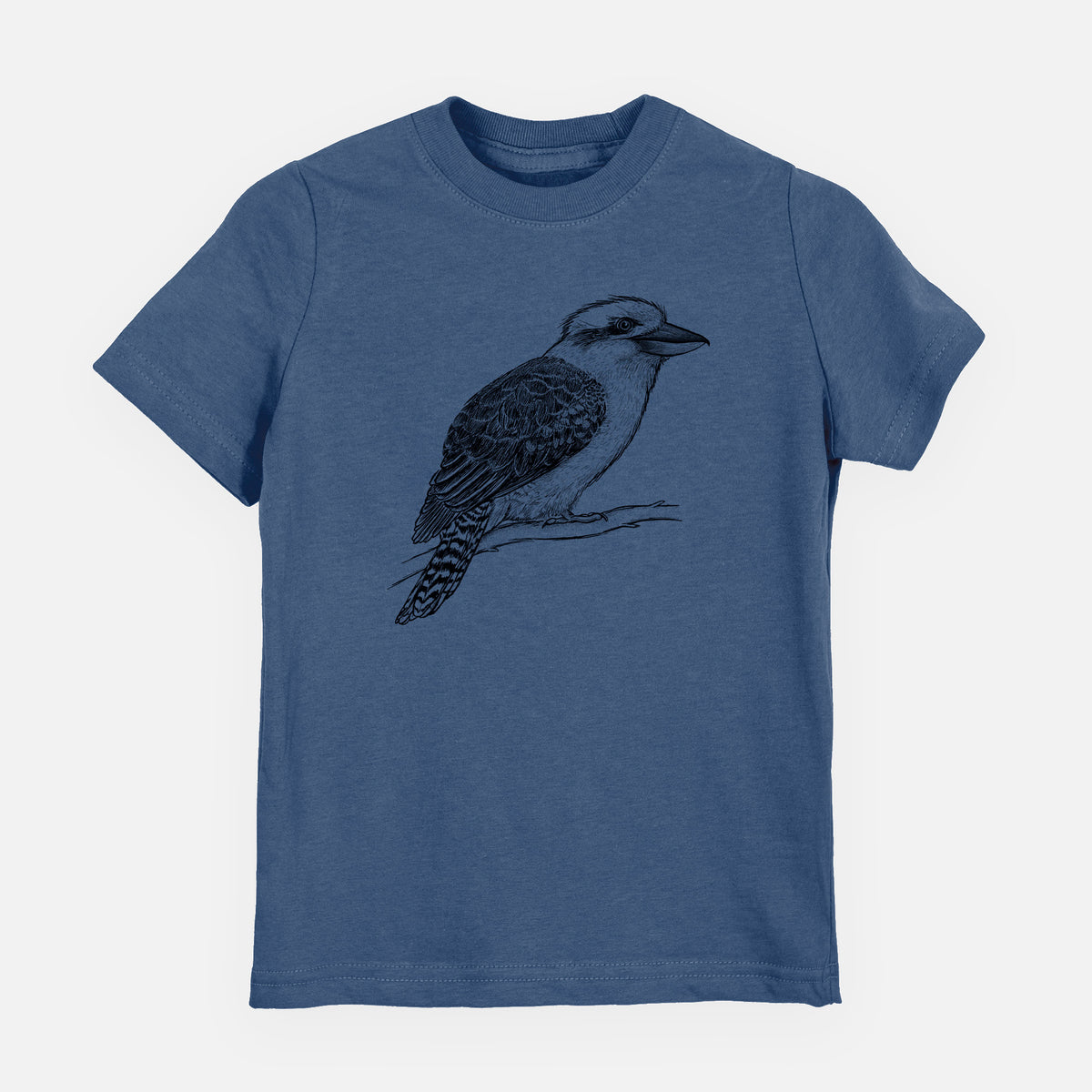 Indigo blue youth t-shirt laid flat, printed with a detailed black ink sketch of a kookaburra perched on a branch.