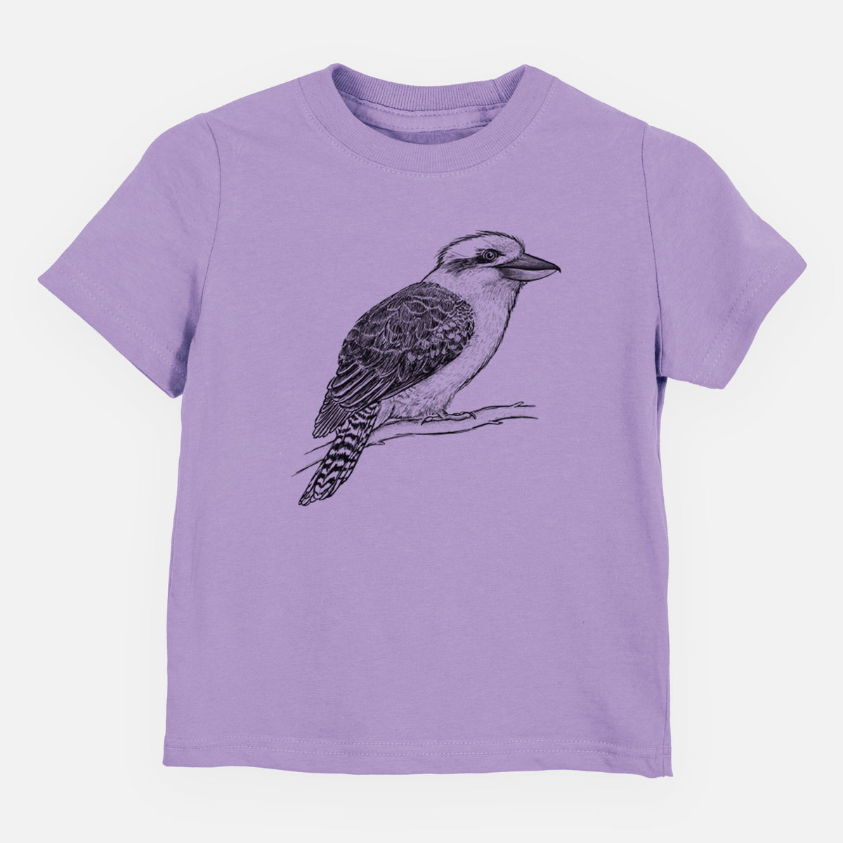 Lavender toddler t-shirt laid flat, printed with a detailed black ink sketch of a kookaburra perched on a branch.