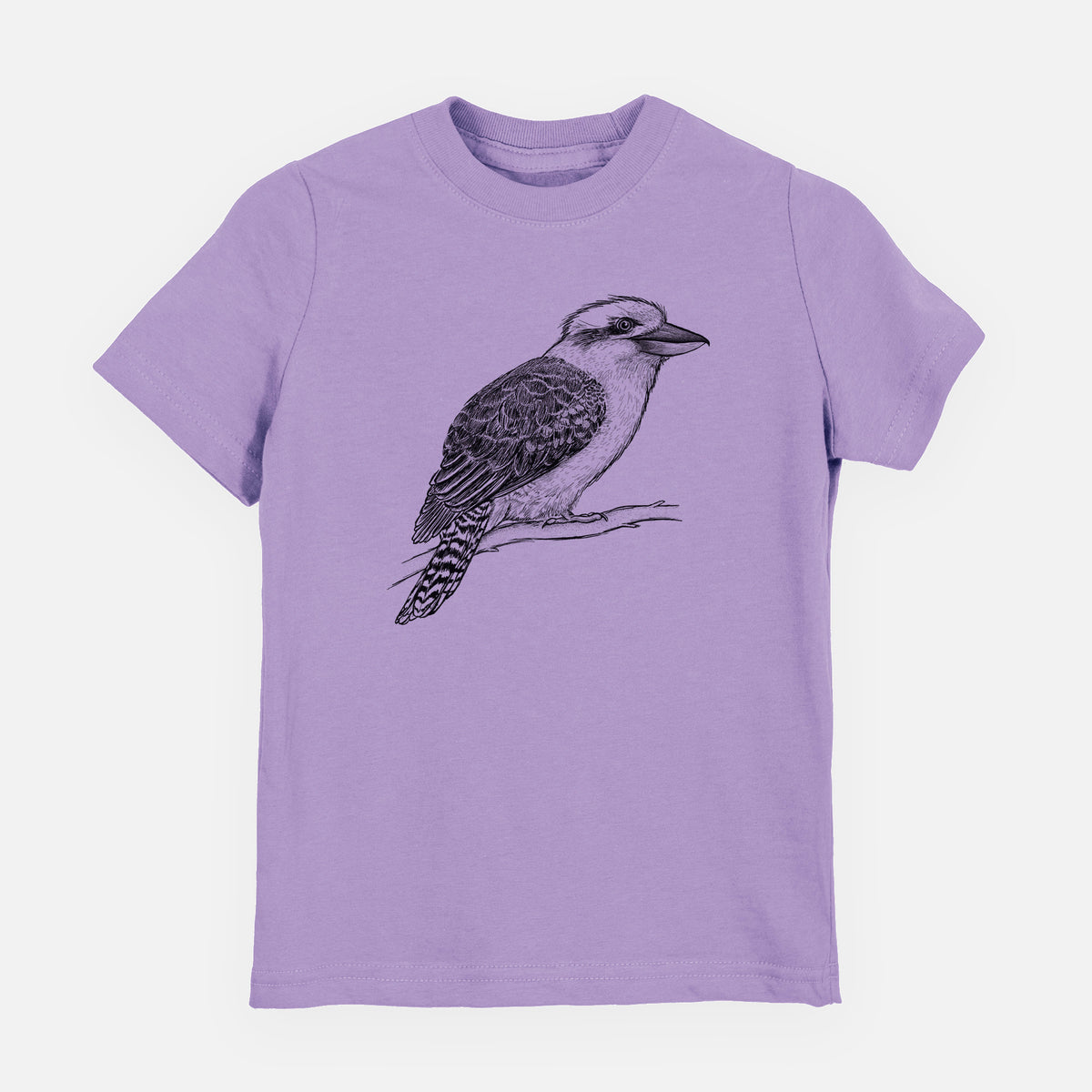 Lavender youth t-shirt laid flat, printed with a detailed black ink sketch of a kookaburra perched on a branch.