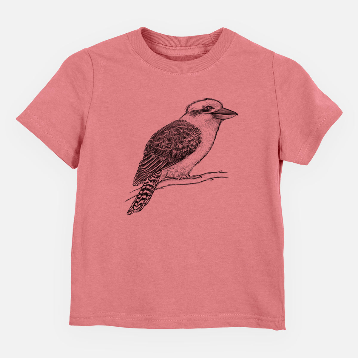 Mauve pink toddler t-shirt laid flat, printed with a detailed black ink sketch of a kookaburra perched on a branch.