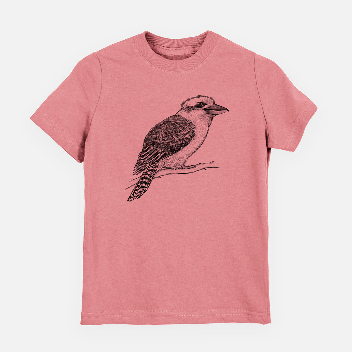 Mauve pink youth t-shirt laid flat, printed with a detailed black ink sketch of a kookaburra perched on a branch.