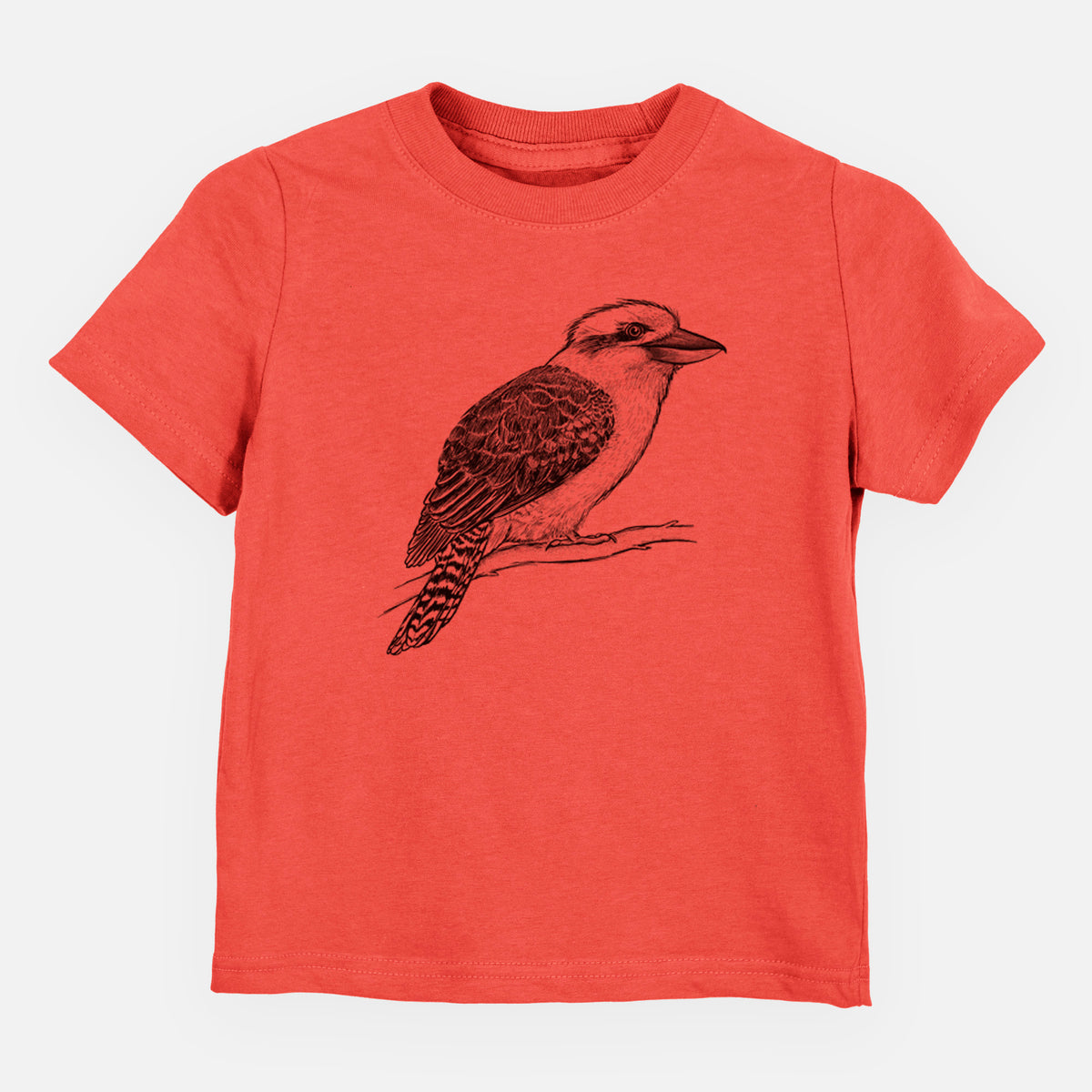Passionfruit pink toddler t-shirt laid flat, printed with a detailed black ink sketch of a kookaburra perched on a branch.