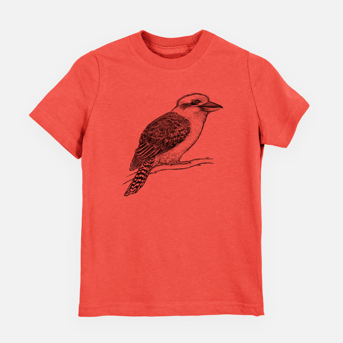 Passionfruit pink youth t-shirt laid flat, printed with a detailed black ink sketch of a kookaburra perched on a branch.