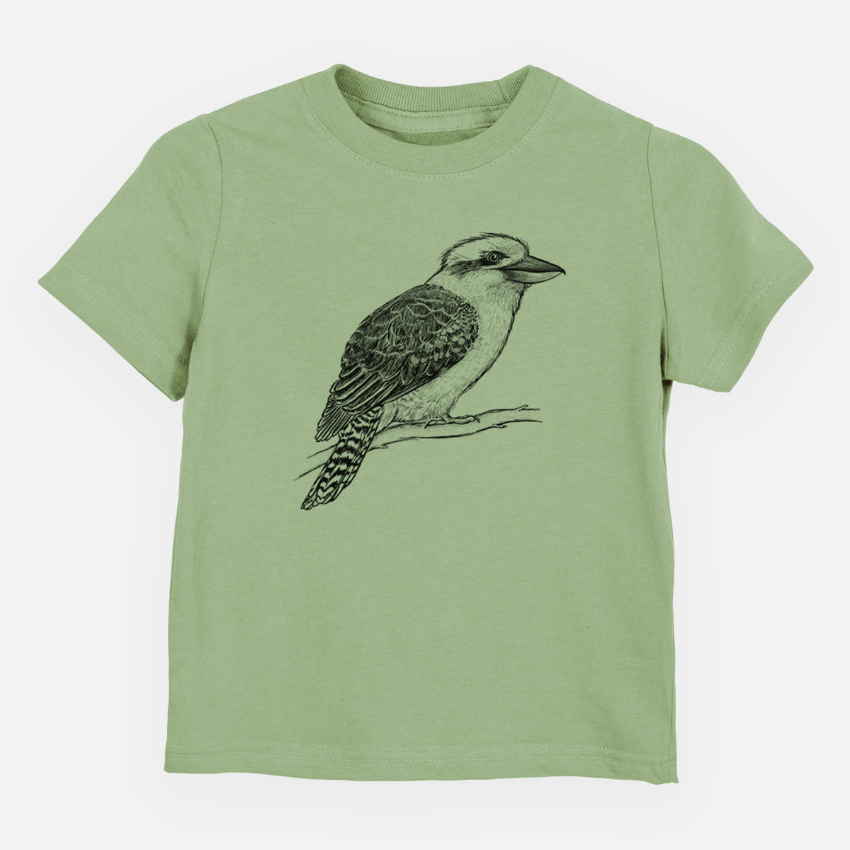 Sage green toddler t-shirt laid flat, printed with a detailed black ink sketch of a kookaburra perched on a branch.