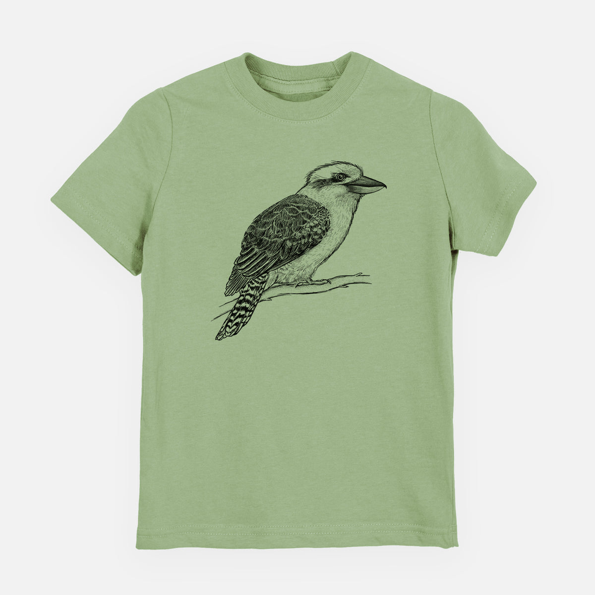 Sage green youth t-shirt laid flat, printed with a detailed black ink sketch of a kookaburra perched on a branch.