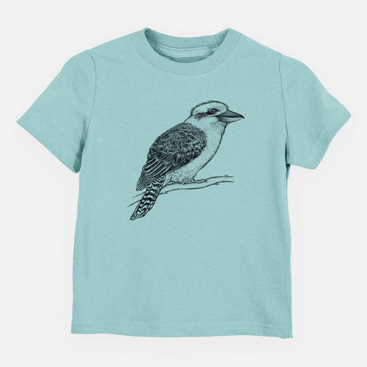 Saltwater toddler t-shirt laid flat, printed with a detailed black ink sketch of a kookaburra perched on a branch.