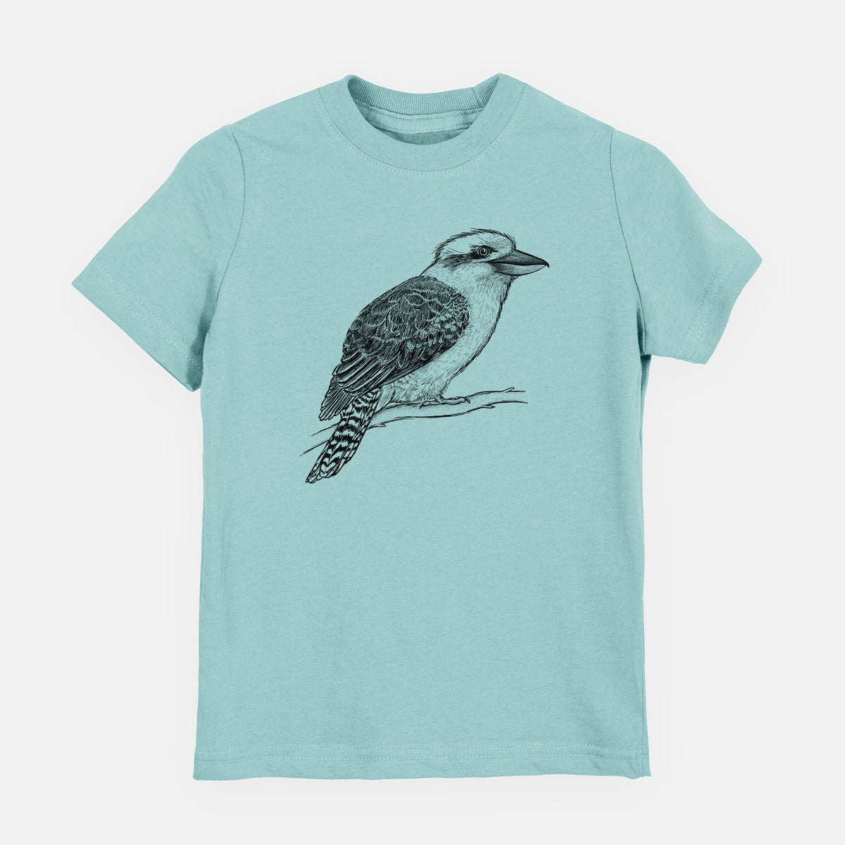 Saltwater youth t-shirt laid flat, printed with a detailed black ink sketch of a kookaburra perched on a branch.