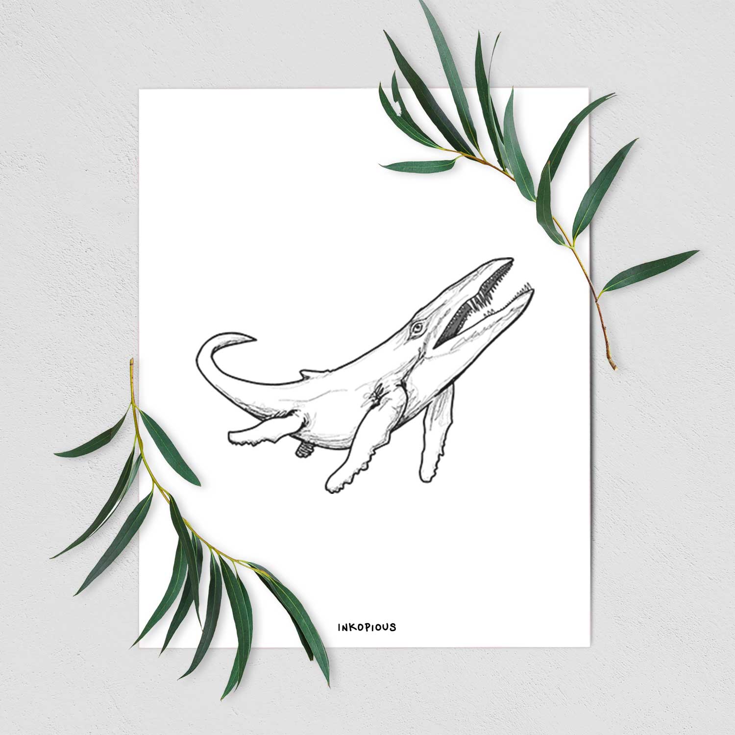 Art print of a black ink illustration of a Kronosaurus marine reptile swimming, shown with eucalyptus leaves.
