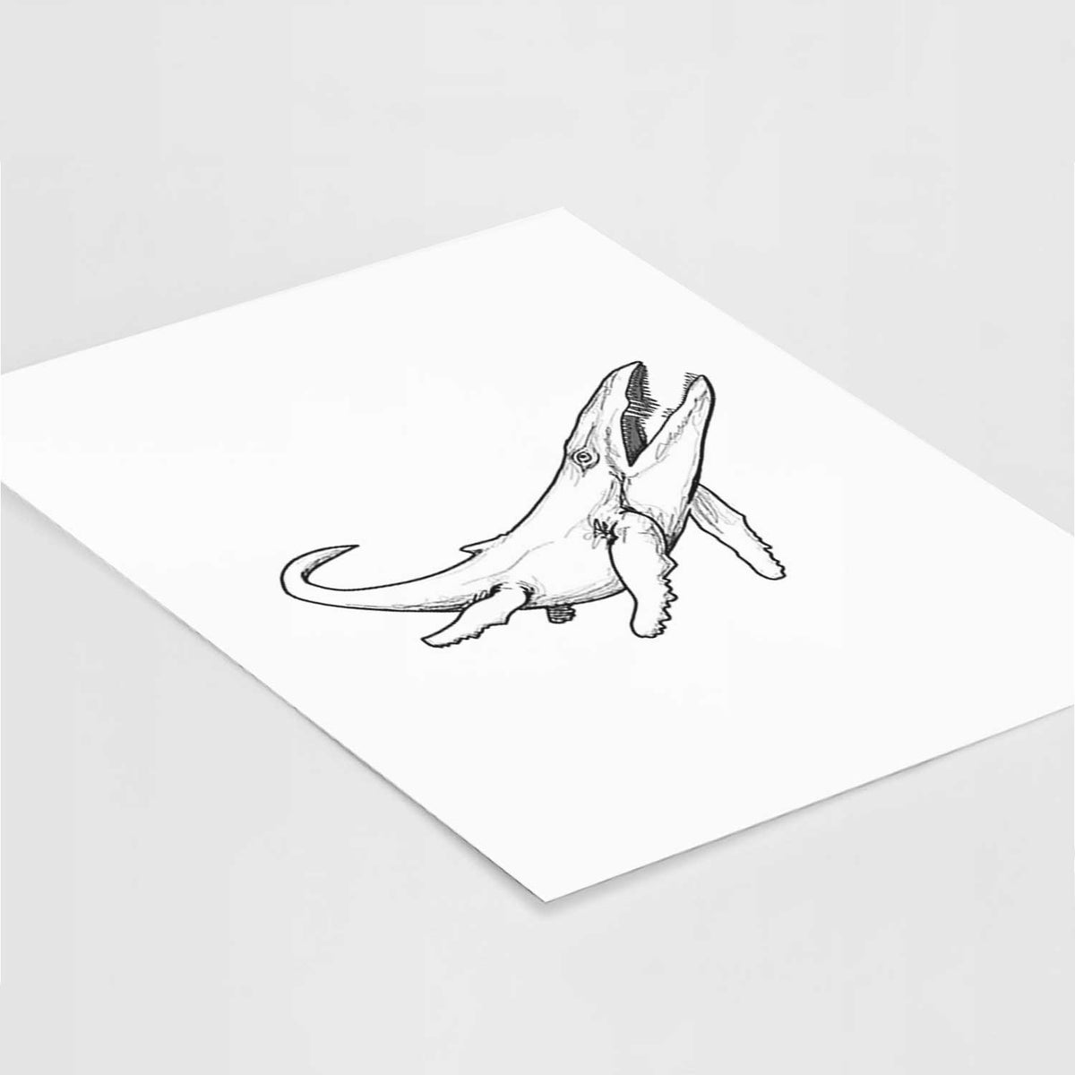 Art print of a black ink illustration of a Kronosaurus marine reptile swimming, lying at an angle on a white surface.